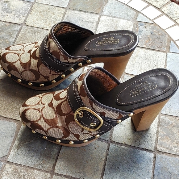 AUTHENTIC COACH MULES CLOGS HEELS SHOES SIGNATURE C JACQUARD & LEATHER SIZE 7 - Picture 1 of 9